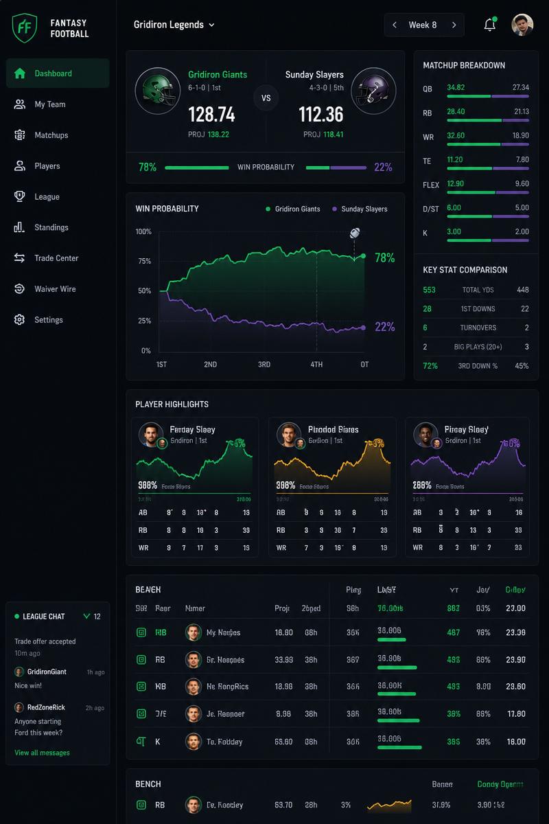 SmartFantasyFB dashboard preview showing player stats, win probability graphs, and matchup breakdown